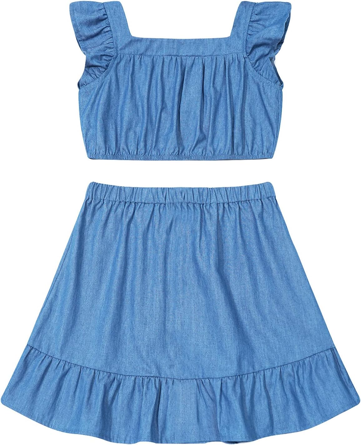 easyforever Kids Girls Denim Outfits Ruffle Square Neck Tank Top with Ruffle Pleated Denim Skirt Summer Clothes Set