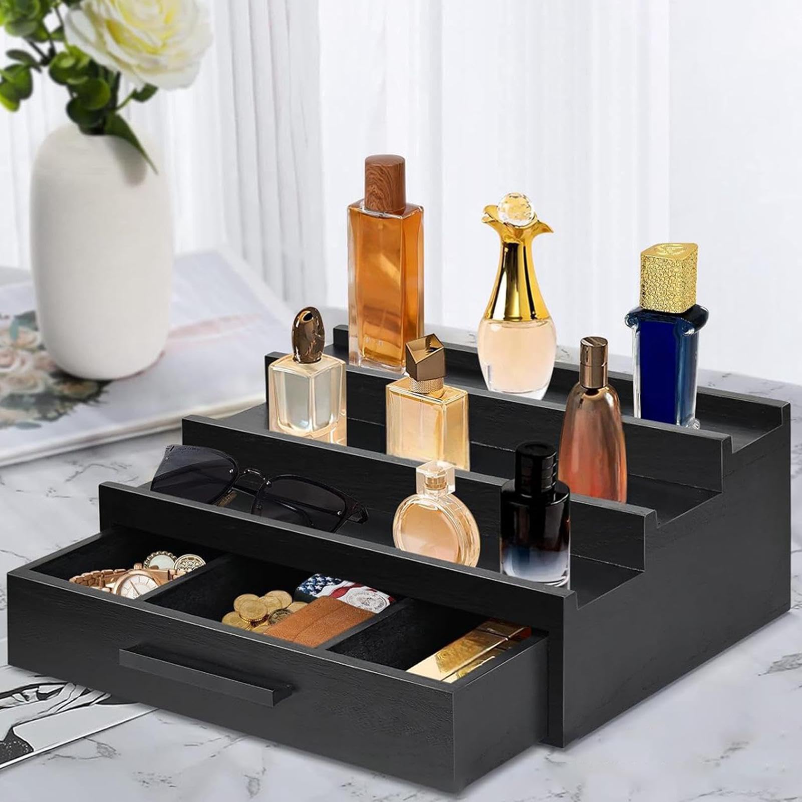 Scatola Portaoggetti Da Tavolo 4 Ripiani - Organizer Per Profumi E Accessori Uomo - Nero E Grigio, Impilabile - 3