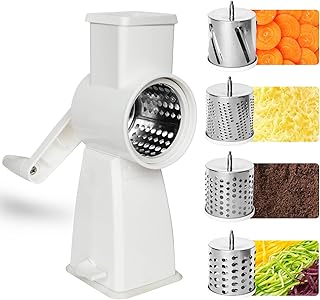 4-in-1 Rotary Cheese Grater Handheld, Lightweight Body with 4 Stainless Steel Blades & Non-Slip Suction Base, for Shredding Parmesan, Slicing Vegetables, Grating Chocolate(White)