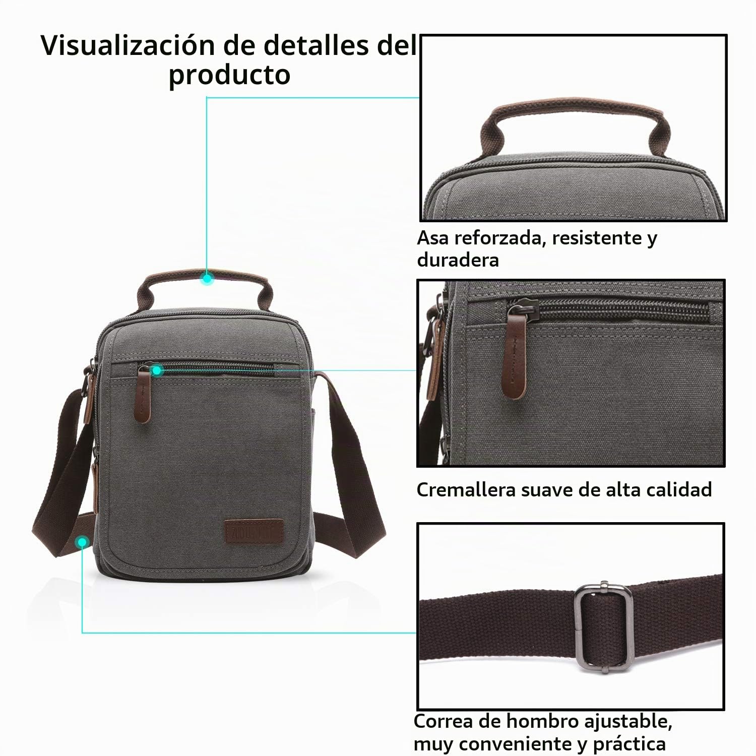 FANDARE Bolsos Bandolera a Hombro de Lona Mensajero Bolso para Hombres Mujeres Messenger Bolsa Bolsa de Viaje Crossbody Bag para Trabajo Viajar Colegio Shopper Gris