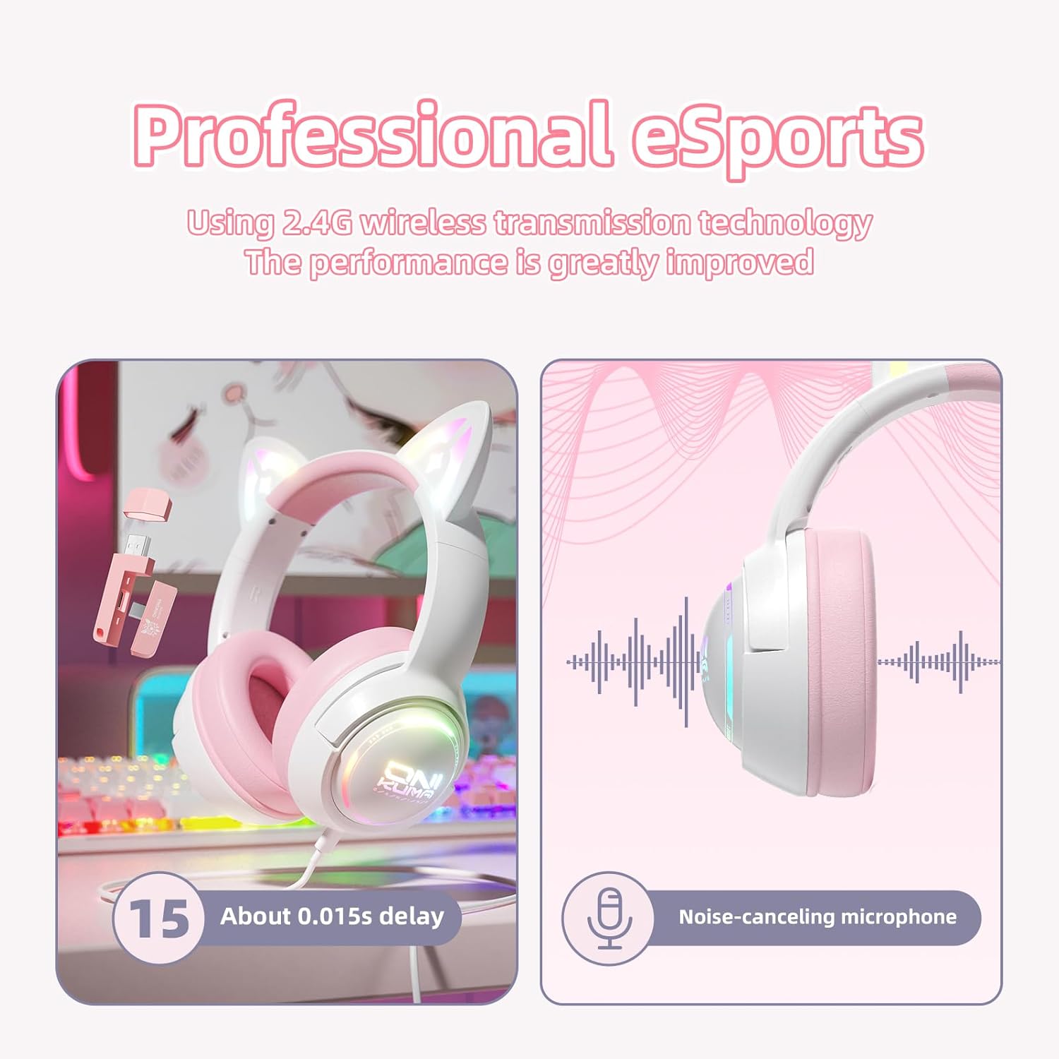 Wireless Cat Ear Gaming Headset with RGB Lights – Tri-Mode (2.4G Wireless/Bluetooth/Wired) Over-Ear Headphones with Mic, 50mm Drivers, Low Latency, Long Battery, Type-C Fast Charging (Pink)