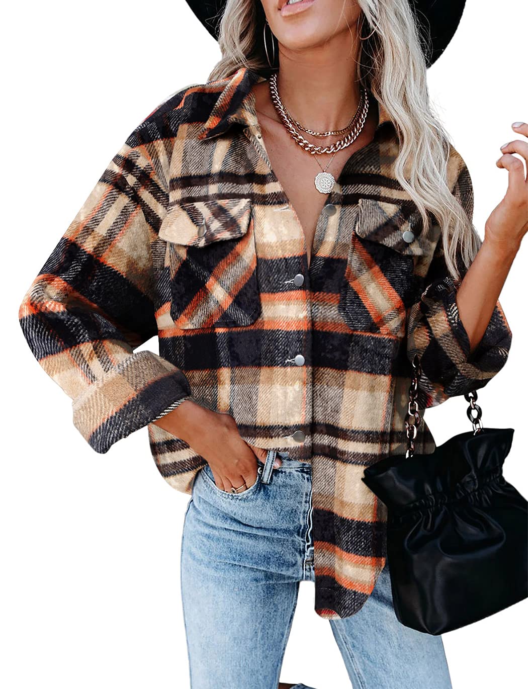 HaellunWomen's Flannel Button Down Long Sleeve Plaid Shackets Wool Blend Shirts Jacket