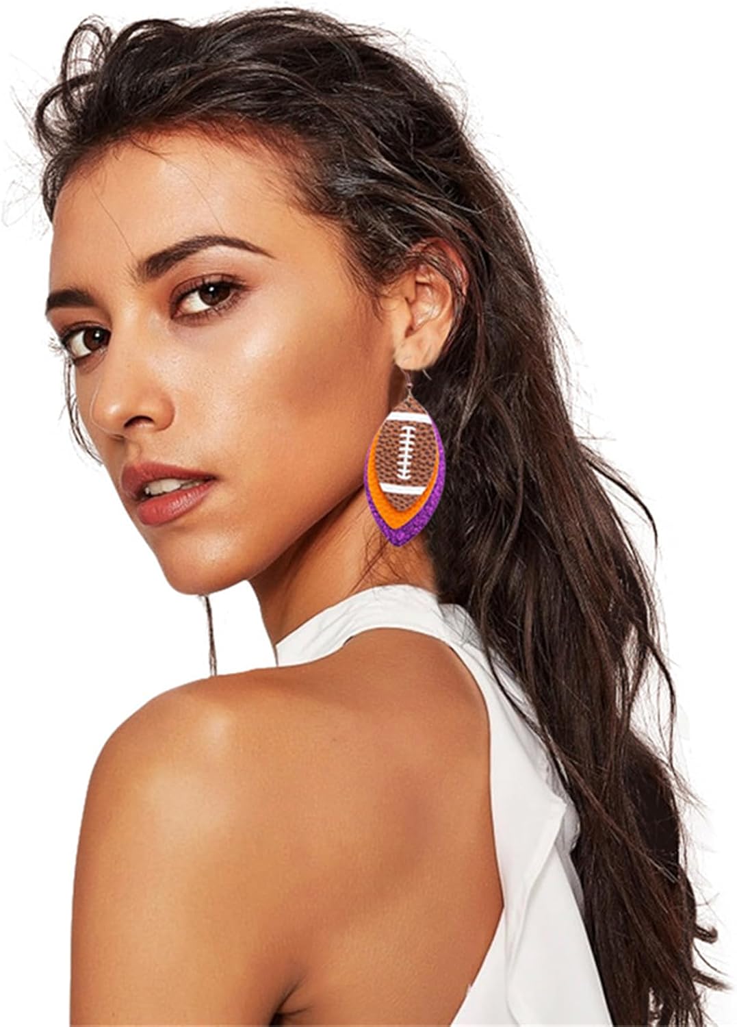 MALOYANVE Layered Football Earrings for Women Unique Lightweight Glitter Faux Leather Footballs Sports Rugby Teardrop Dangle Drop Statement Earrings Sport Lover Jewelry - Image 3