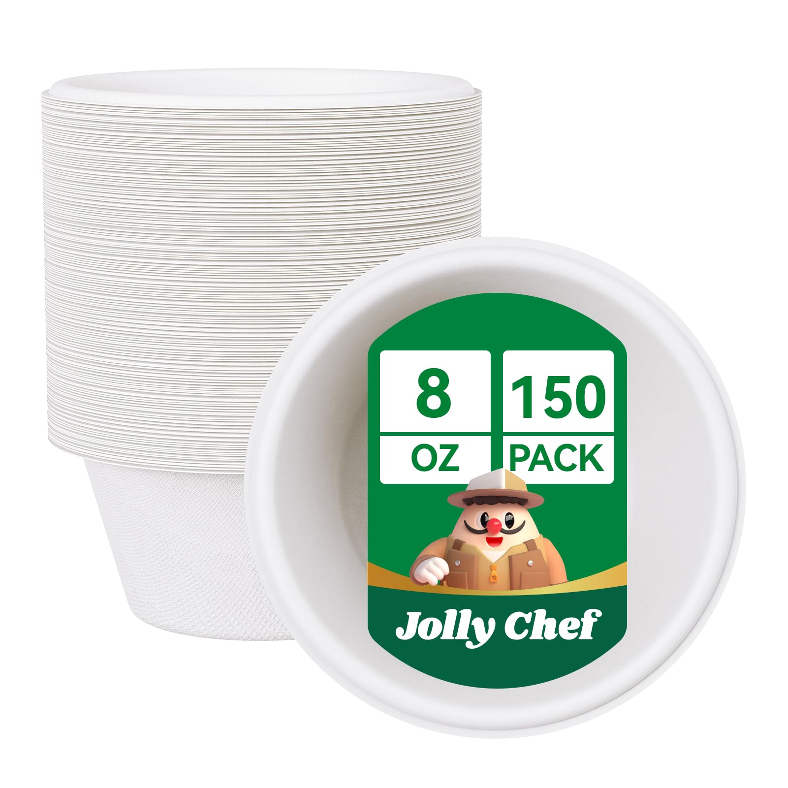 JOLLY CHEF Compostable Disposable Biodegradable Bagasse Bowls, Paper Bowl [8 oz] Strong Soup Containers [150 Pack] Hot Cold Food Eco-Friendly Sugarcane Microwavable Bowls for Salad Milk