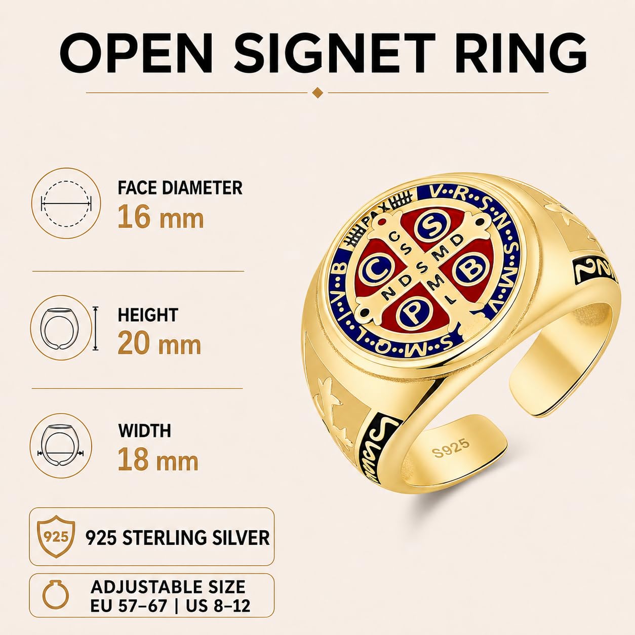 Odinstone Anillos para Hombre Anillo Vikingo San Benito Cruz en Plata 925 Anillos Rúnicos Vikingos Joyería Anillo