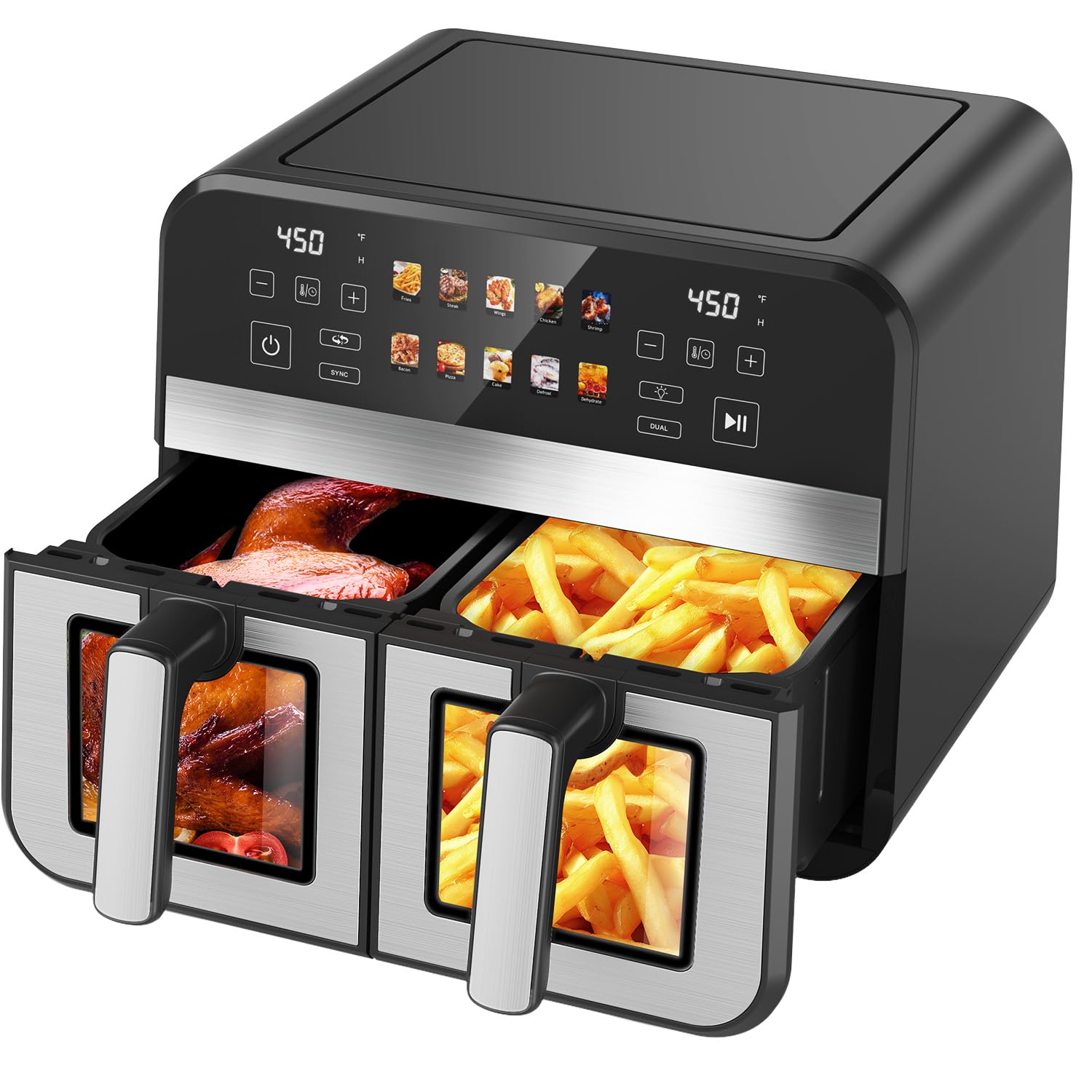 10QT Dual Basket Air Fryer 12-in-1 Digital Air Fryer Oven with Visible Windows 5QT x 2 Drawers One-Touch