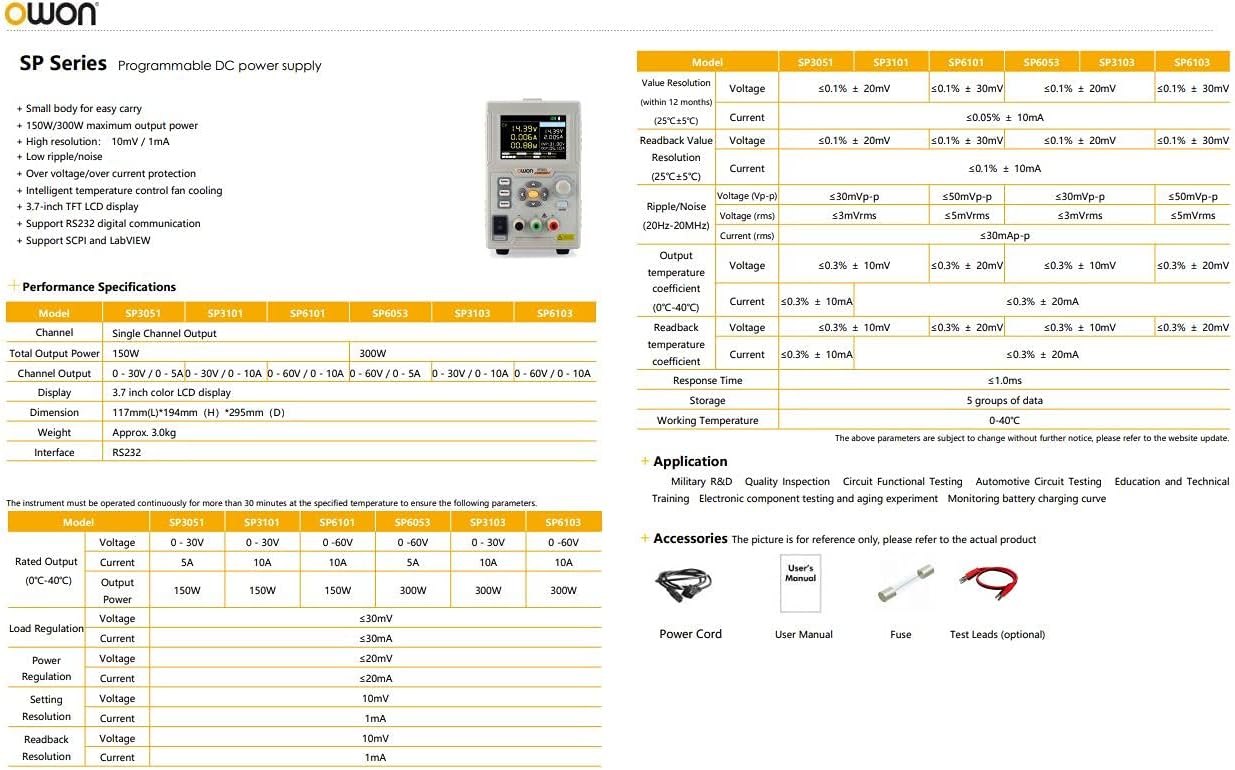Detailed specifications table for OWON SP series power supplies, including SP6103, showing voltage, current, power, resolution, ripple, noise, and other technical data.