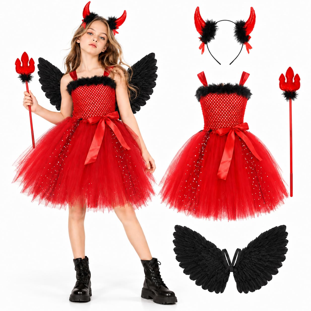 Girls Devil Costume Halloween, Devil Fancy Dress Costume with Red Dress, Horn Headband & Trident, Kids Halloween Party Outfit for Girls, 3-12 Years