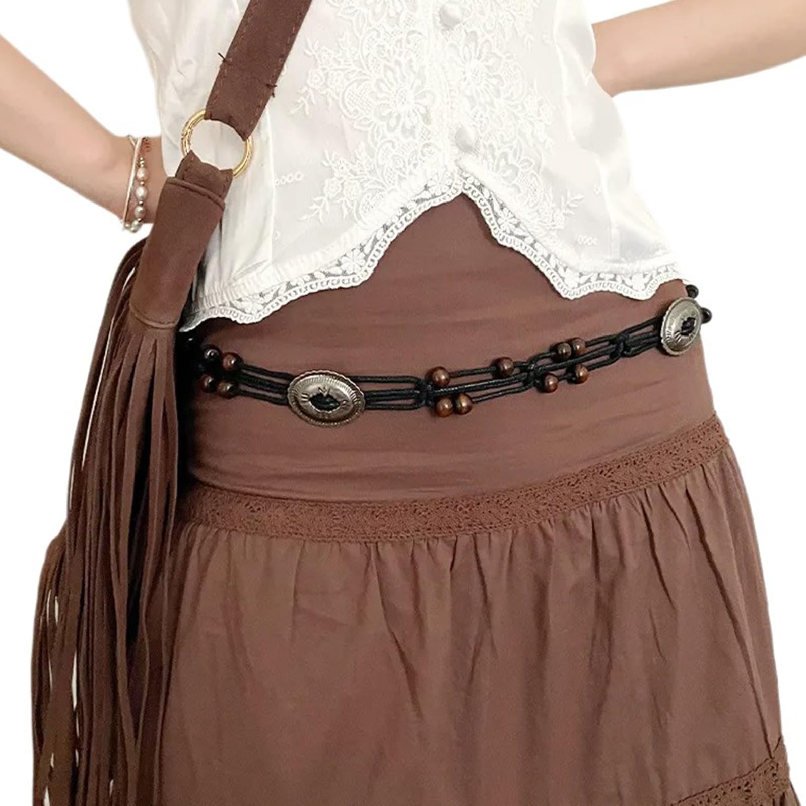 Thewasc Unisex Black Beads Decors Western Waist Belt Women Weaving Waist Rope Ethnic Braided Belt Thin Waistband Colorful Waist Chain