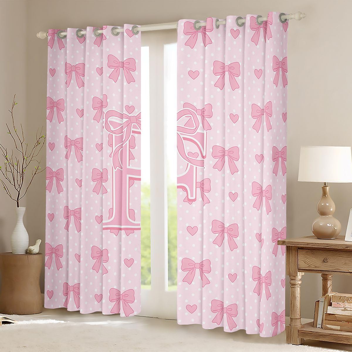 Feelyou Cute Pink Bow Curtains for Bedroom Living Room Monogrammed 30%-50% Blackout Darkening Drapes Personalized Initial F Window Treatments, 2 Panels 38 x 45 Inch Kawaii Coquette Bow Knot Room Decor image 2