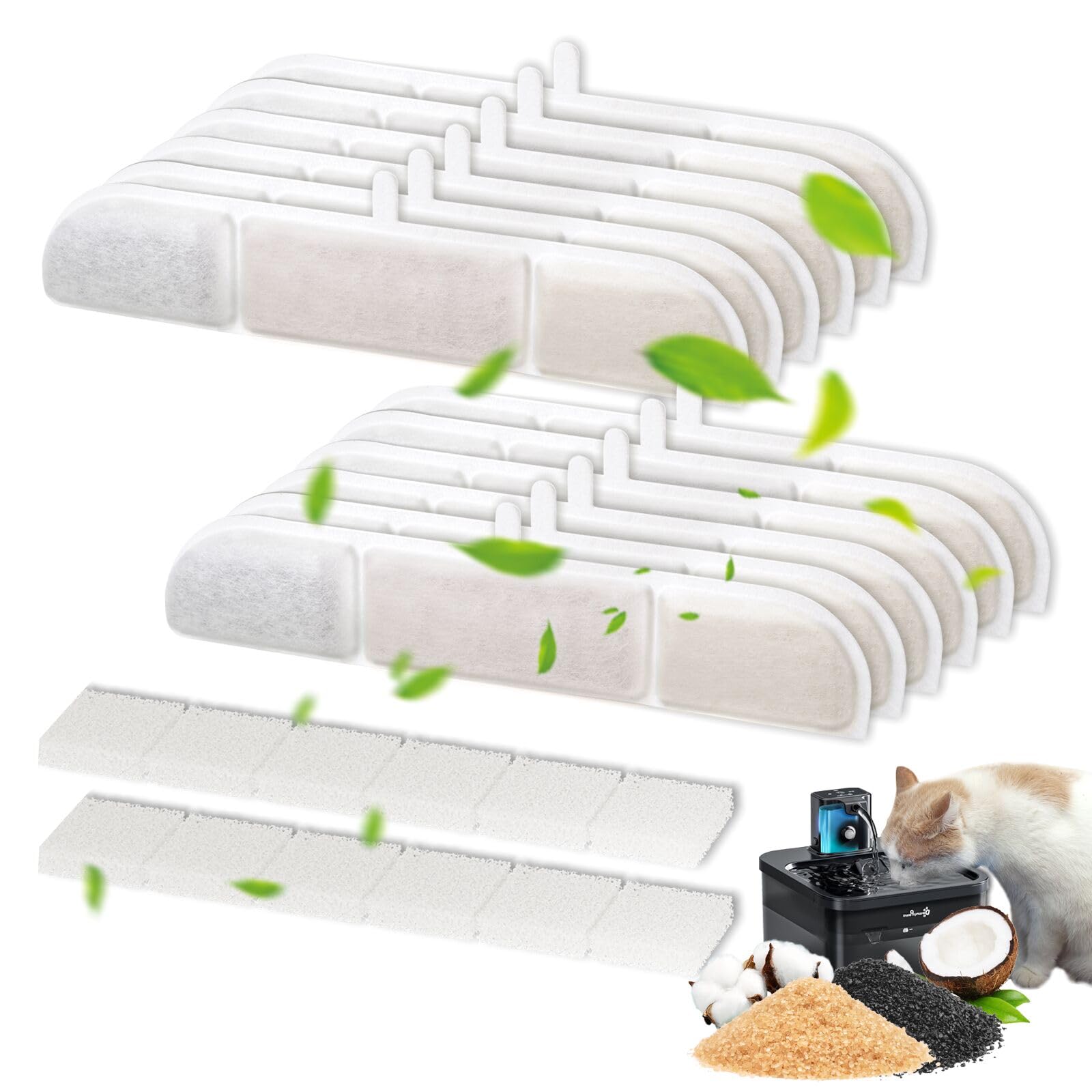 PARTSEE 12 Set Katzenbrunnen Filter für DownyPaws Katzenbrunnen DPWFP6 DPWFP6SS, Ersatzfilter Aktivkohle Medizinalstein lonenaustauschharz für 2.5L DownyPaws Trinkbrunnen (12 Filter+12 Schwamm)