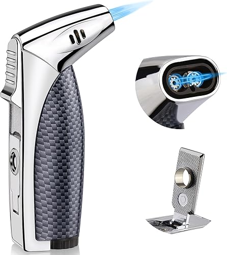 Miniatura 8 de Encendedor de doble llama de chorro, antorcha de butano recargable, encendedor a prueba de viento con punzón para hombres y mujeres con caja de