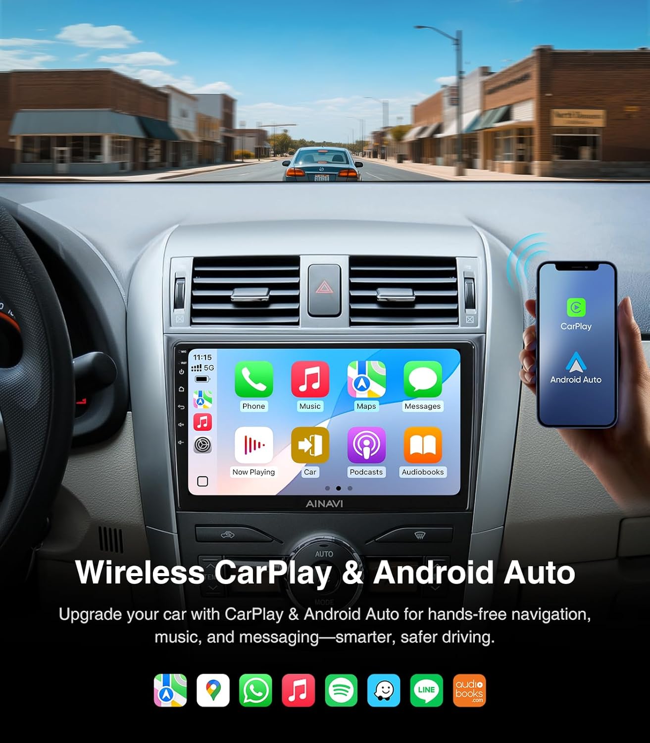 AINAVI car stereo showing CarPlay interface with a smartphone connected wirelessly.