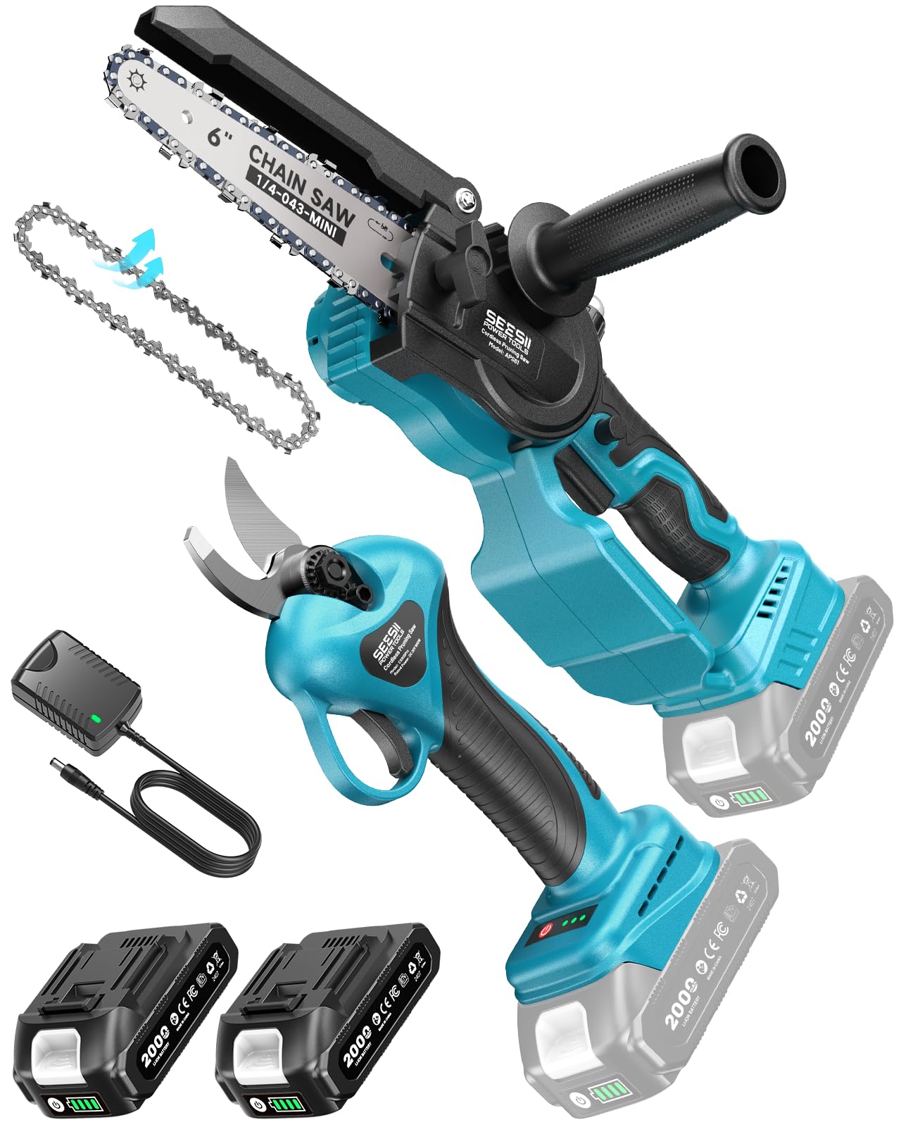 SEESII 6 Pulgadas Mini Motosierra a Batería & 33 mm Tijeras de Podar Eléctricas, 2-en-1 Kit Herramientas de Jardín con 2 × 2000 mAh Baterías, Motor Brushless, Ideal para Corte de Troncos y Ramas