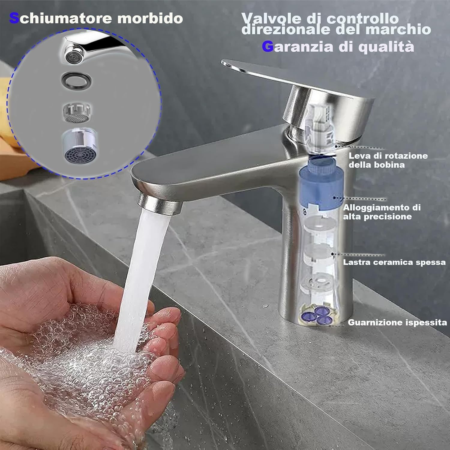 XWIHTR Rubinetto da bagno caldo e freddo in acciaio inox con cartuccia ceramica silenziosa, monocomando, miscelatore a risparmio idrico per lavabo per bagno, lavabo, angolo cottura (spazzolato)