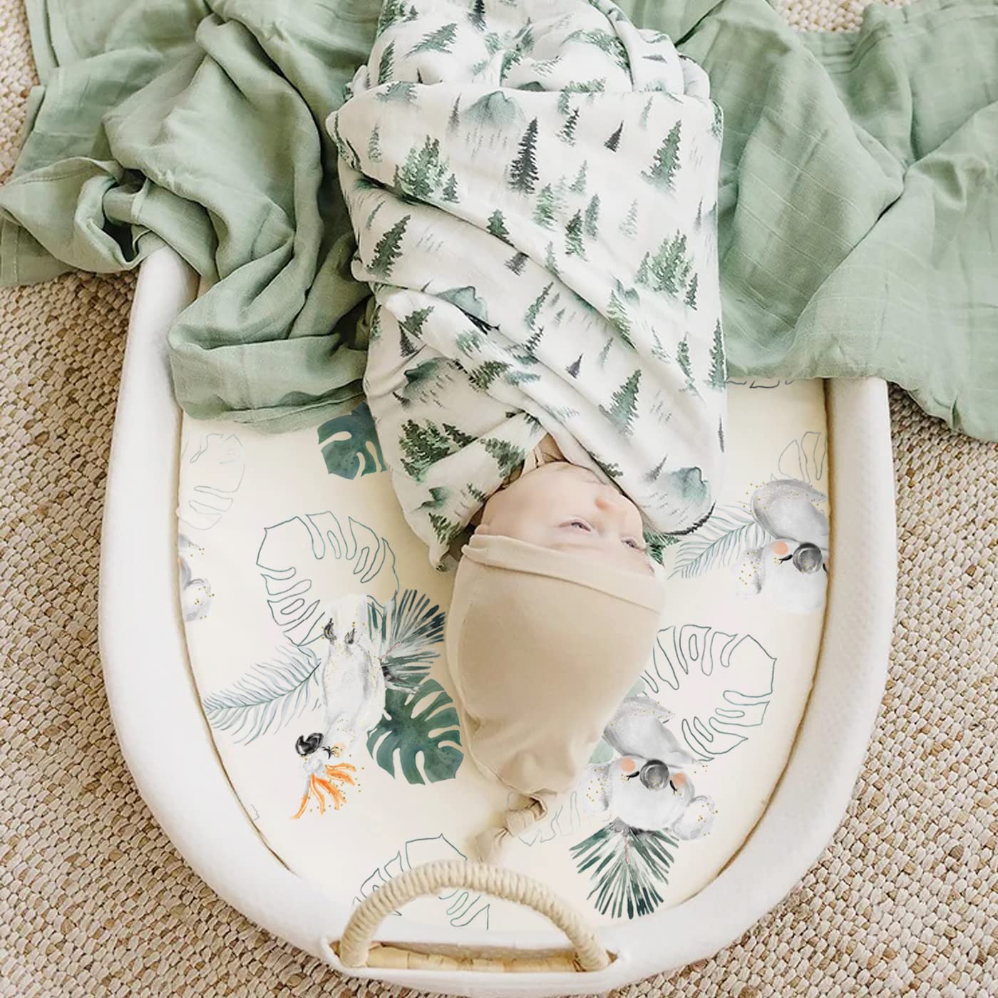 GRSSDER Stretch Ultra Soft Fitted Bassinet Sheets 3 Pack, Universal Fit for Bassinets Baby Cradle Moses Basket Oval Rectangle Mattress Safe and Snug, Stylish Watercolor Animals for Baby, Mint Green - Image 3