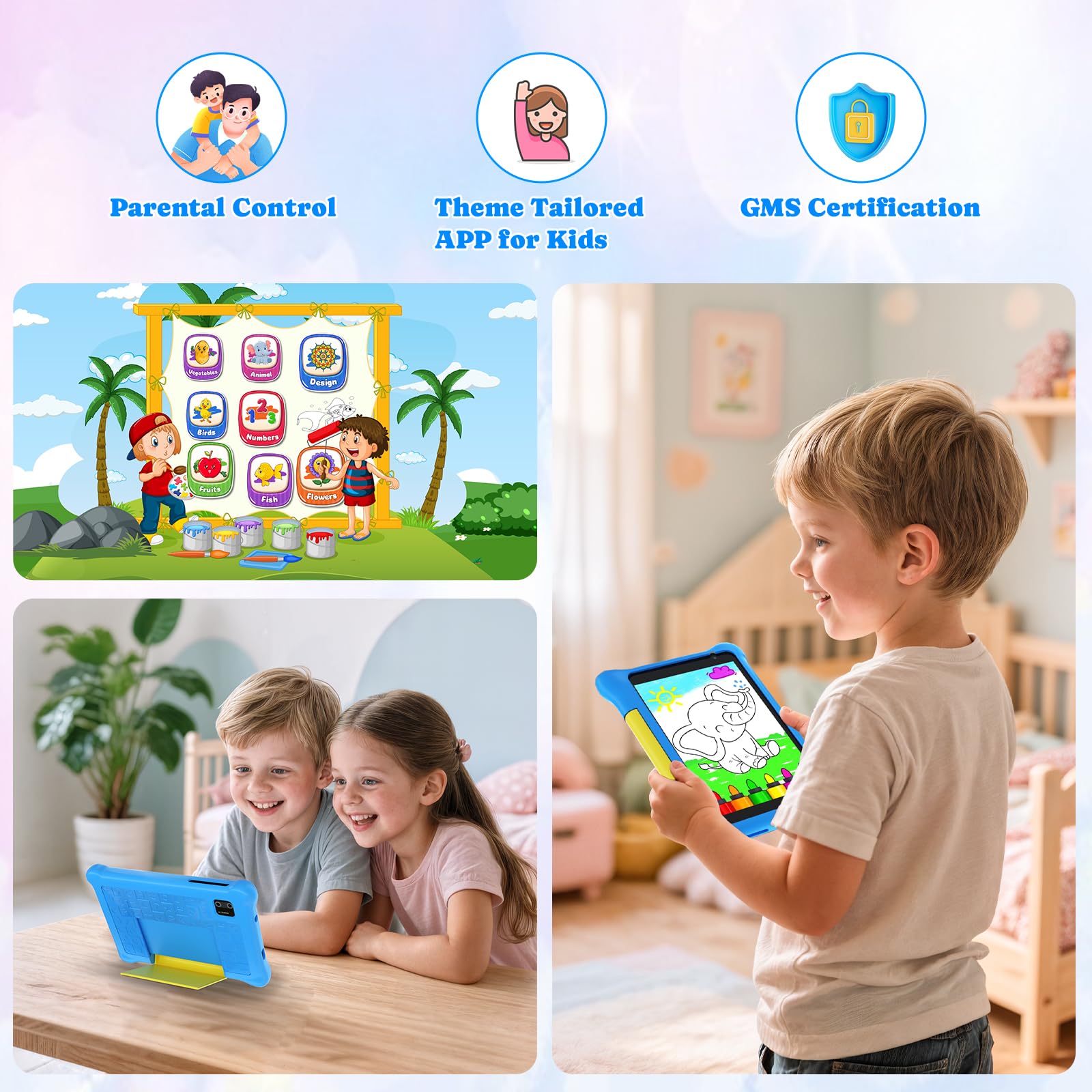 Tablette Enfants 7 Pouces Android 13 5GB RAM 32GB ROM TF 128GB Contrôle Parental WiFi Bluetooth Kid-Proof Étui Bleu