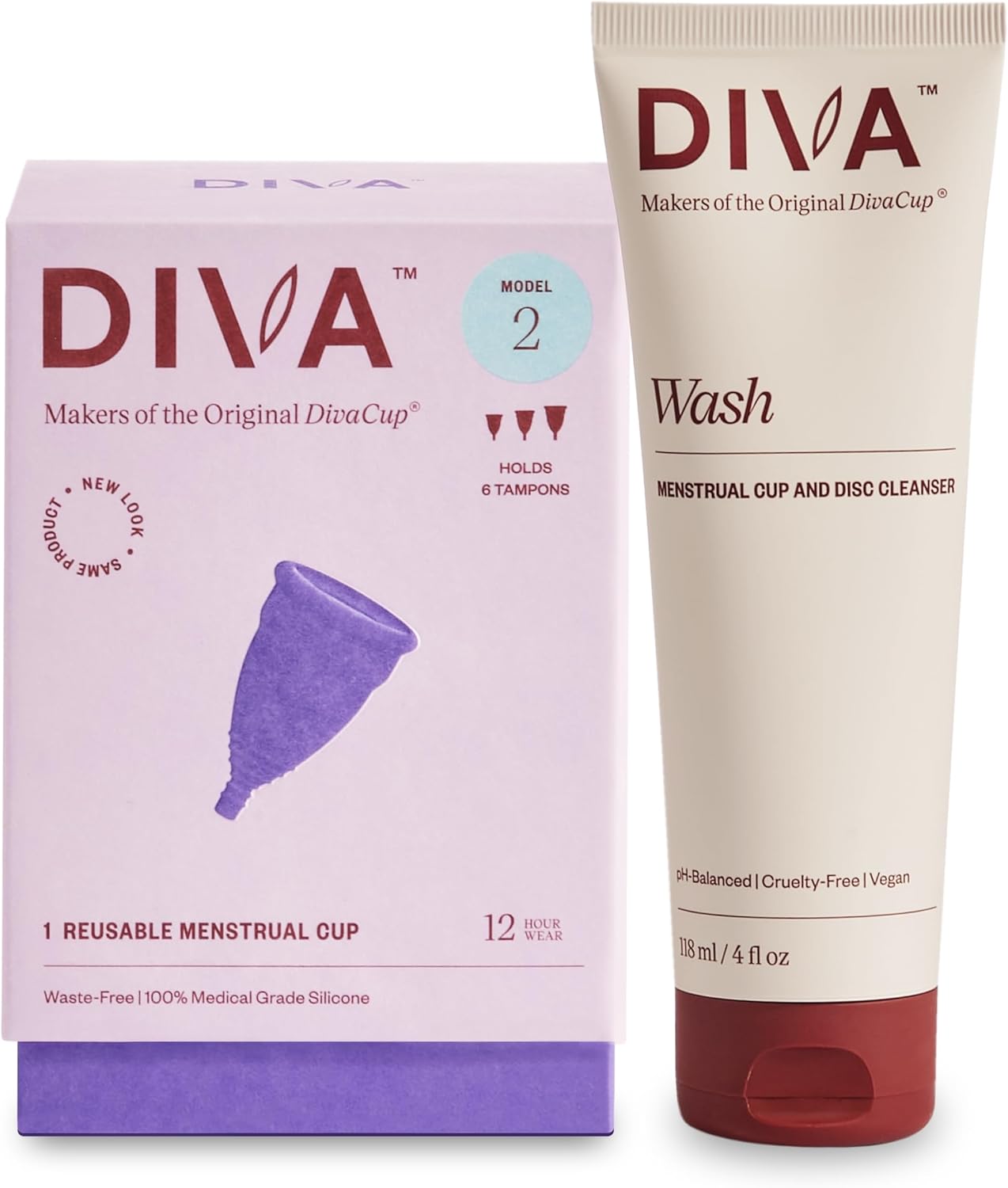 Diva Cup & Diva Wash Combo Pack - Medical Grade Silicone Cup for Period Care - Reusable Menstrual Cup - Cleaner for Period Cup - Cup Model 2 (for Wide Vaginal Canals, Post-Partum & Ages 35+)