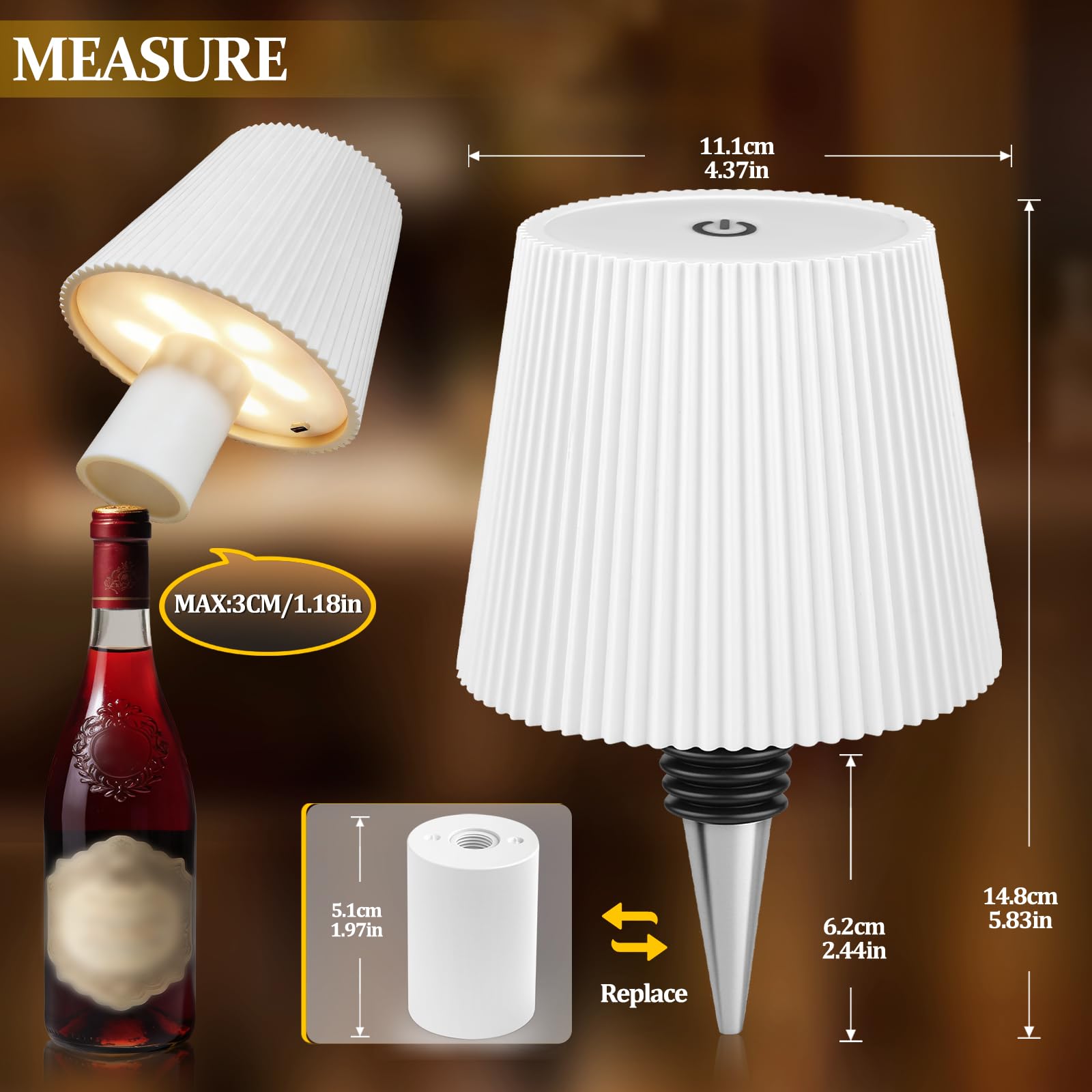 Lámpara LED Recargable Para Botella, 3 Modos De Temperatura De Color Ajustables, Táctil, Protección IP54, Lámpara Mesa Inalámbrica Recargable USB, Ideal Para Restaurante, Dormitorio, Jardín,(Blanco)