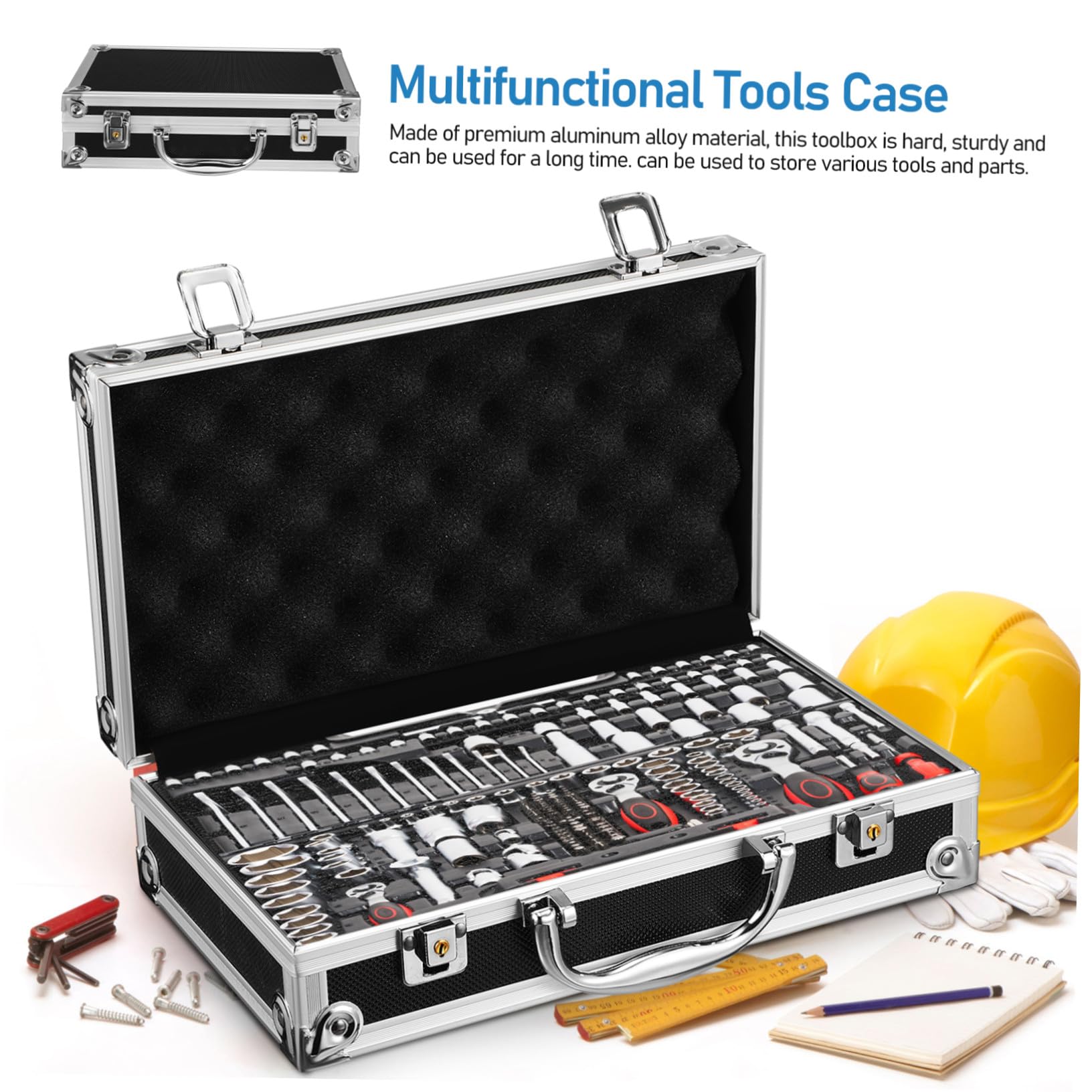 Contenitore Organizer Portatile Nero in Lega di Alluminio con Serratura e Chiave, Valigia Porta Attrezzi Multifunzione per Uso Professionale e Domestico