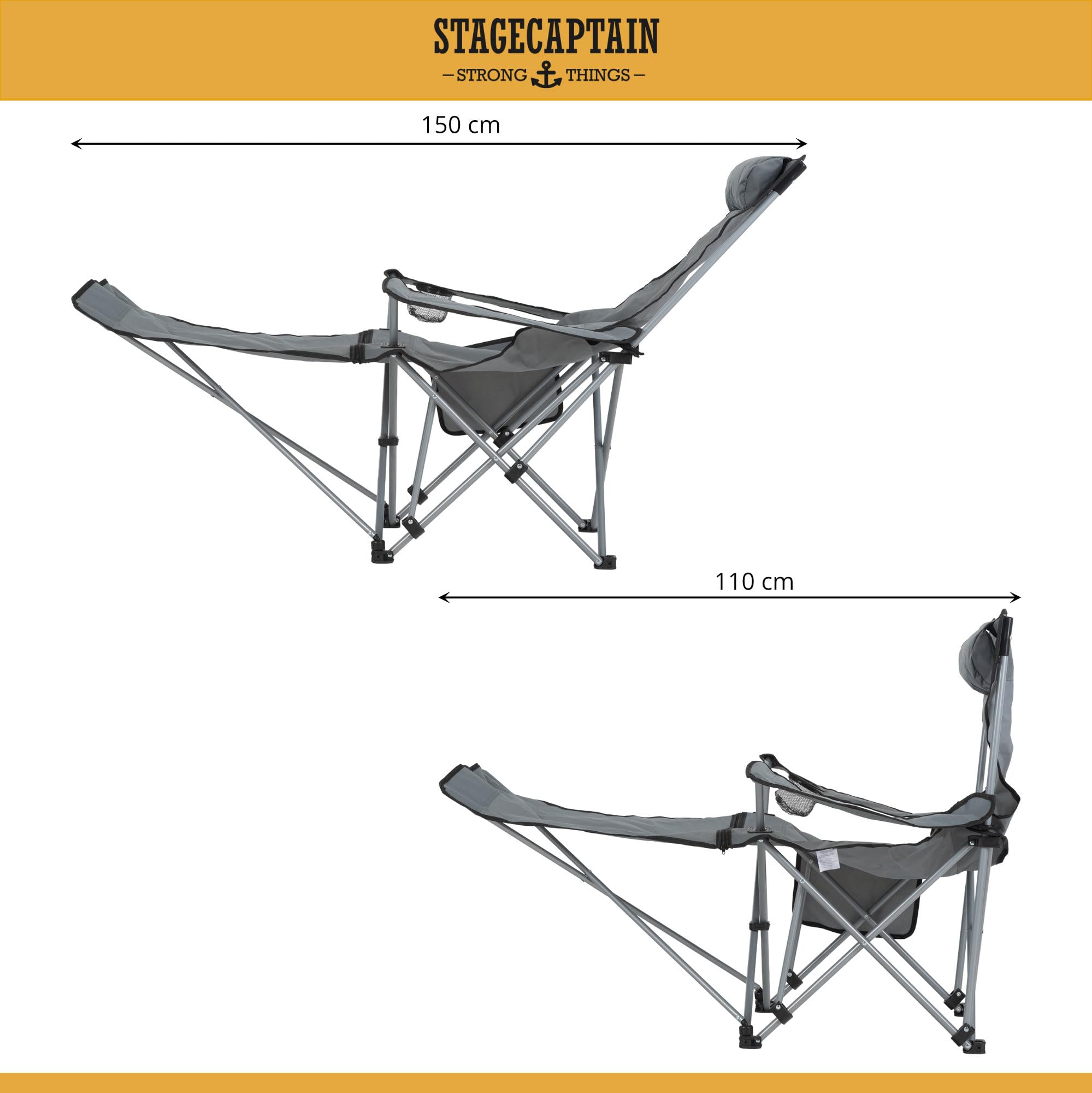 Stagecaptain CSF-600 MKII Nick Campingsessel mit Fußstütze – Faltbarer Campingstuhl mit Verstellbarer Rückenlehne, Getränkehalter & Tragetasche - Klappstuhl für Camping, Angeln & Festival - Grau