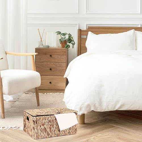 Vista 8 de Hipiwe Cajas de almacenamiento de mimbre con tapa, cestas rectangulares decorativas de jacinto de agua trenzada a mano extragrandes con asas