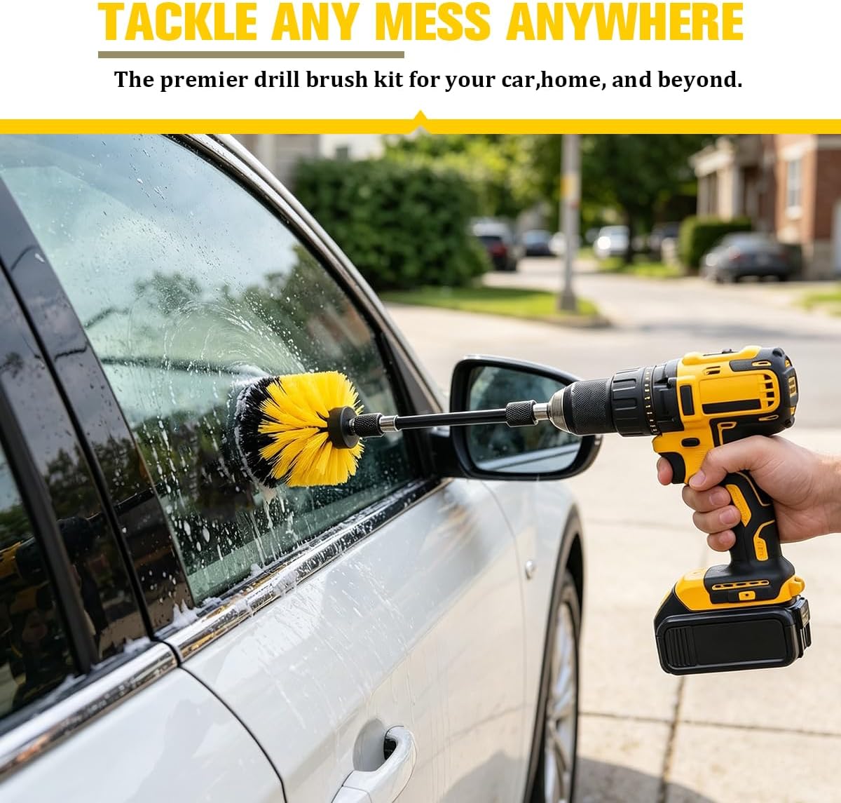 4PCS Car Drill Brush Attachment Set, Vehicle Power Scrub Drill Cleaning Brush Set with Extended Long Rod, Auto Drilling Detailing Scrubber Attachment, Universal Fit (Yellow) image 5