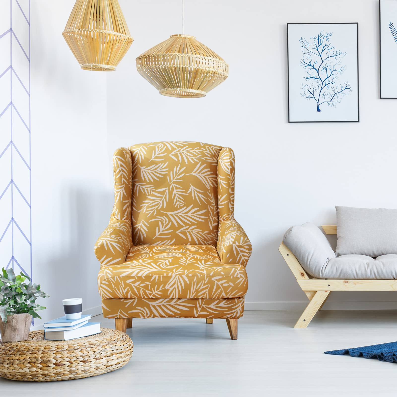 MIFXIN Wingback Chair Slipcovers 2-Piece Stretch Elastic Wing Chair Cover with Cushion Cover Armchair Furniture Protector for Living Room (Printed 08)