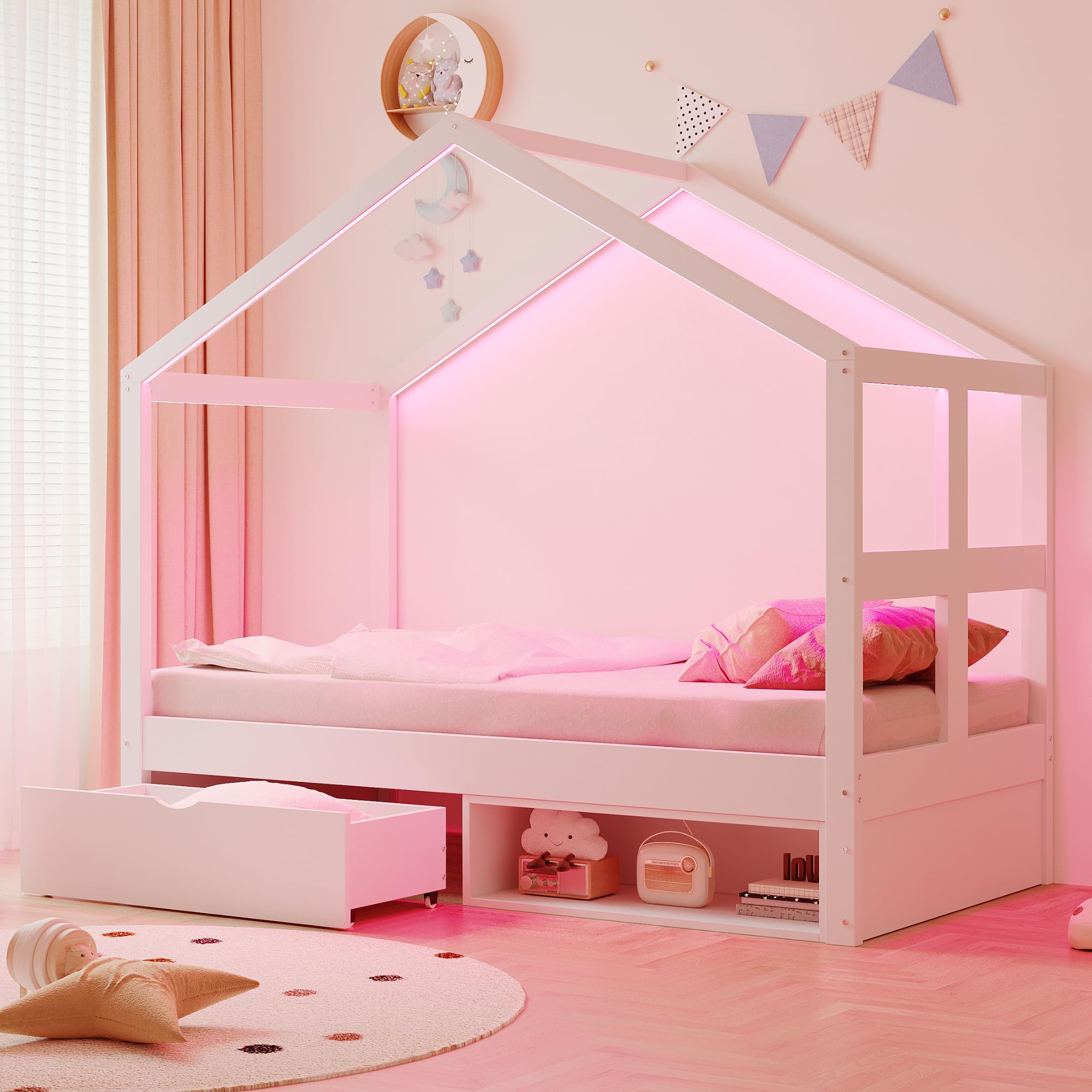 Cama de casa de 90 x 190 cm con cajones, espacio de almacenamiento, pequeño zapatero, cama individual con somier de láminas, estructura de cama para dormitorio, cama de invitados, sin colchón, color | Con somier de láminas de madera para dormitorio, cama