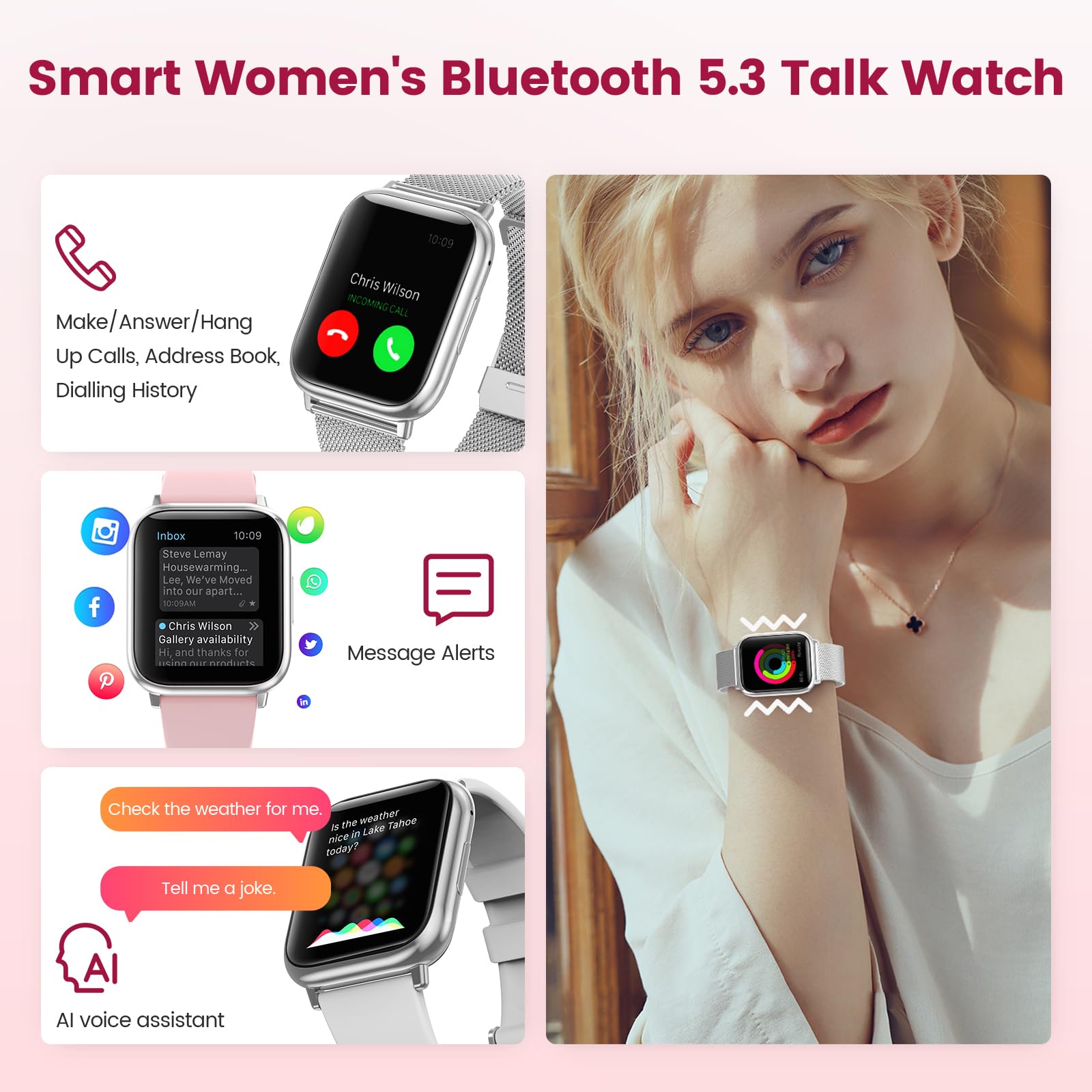 Smartwatch Donna con Chiamate Bluetooth, 1,83” Smart Watch 107+ Sportive con SpO2/Ciclo Mestruale/Frequenza Cardiaca/Monitoraggio Sonno/Impermeabile IP68 FitnessTracker per iOS Android (Argento)