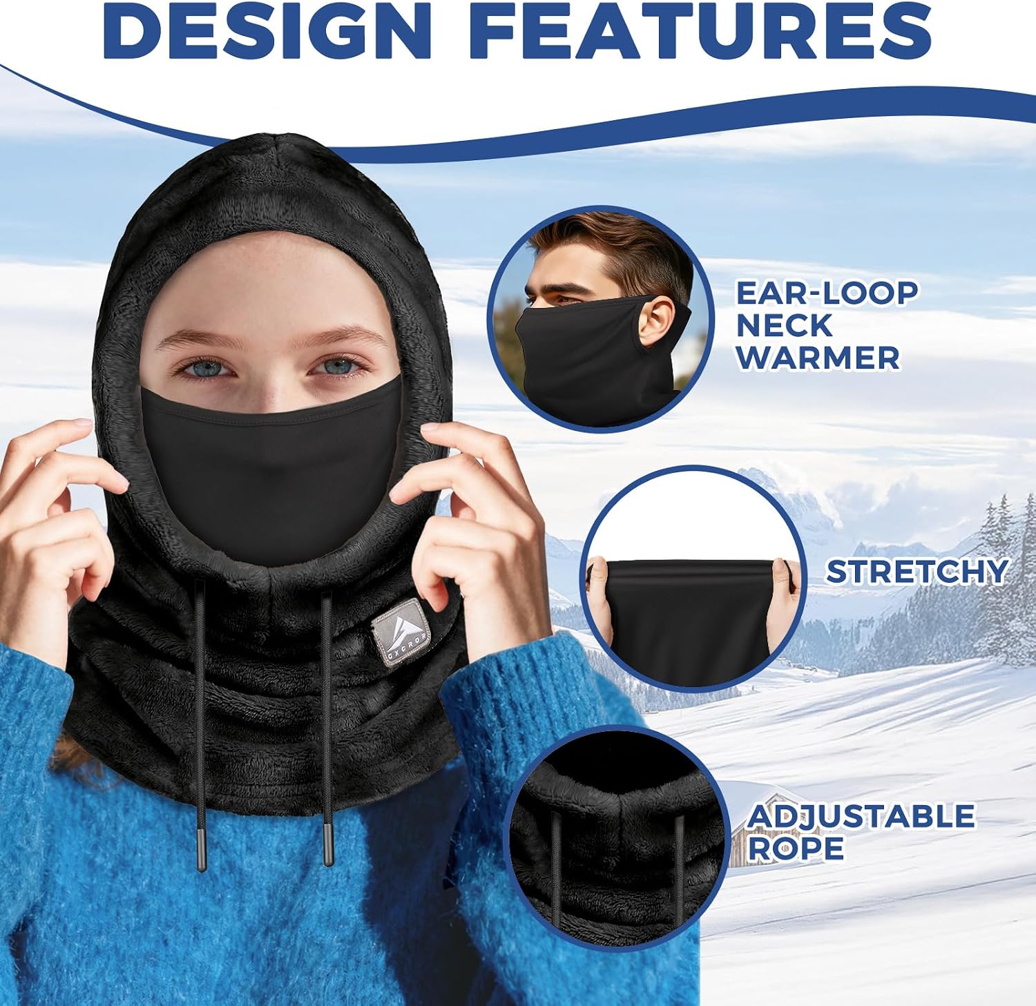 Balaclava Ski Mask for Men & Women - Windproof Thermal Fleece Face Mask with Neck Gaiter for Skiing, Snowboarding Black