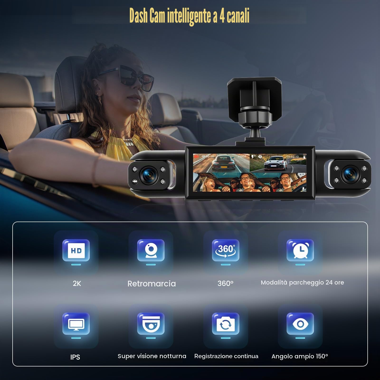 4 Canali Dash Cam Auto 360 Gradi Dashcam, 3 Pollici Telecamera per Auto con 8 IR Visione Notturna, Registrazione in Loop, Assistente di parcheggio