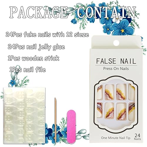 Miniatura 4 de 24 uñas postizas a presión de color blanco brillante, cuadradas, medianas, de cobertura completa, con diseños de mármol, uñas postizas acrílicas con