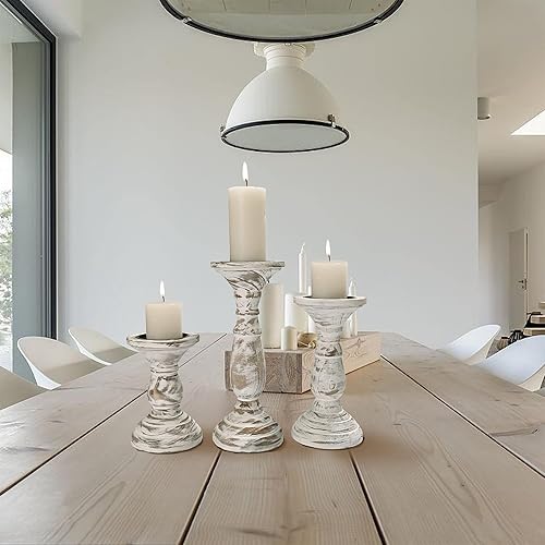 Miniatura 5 de Juego de 3 portavelas de pilar, decoración de casa de campo, portavelas altos para velas de pilar, candelabros de madera para centros de mesa,