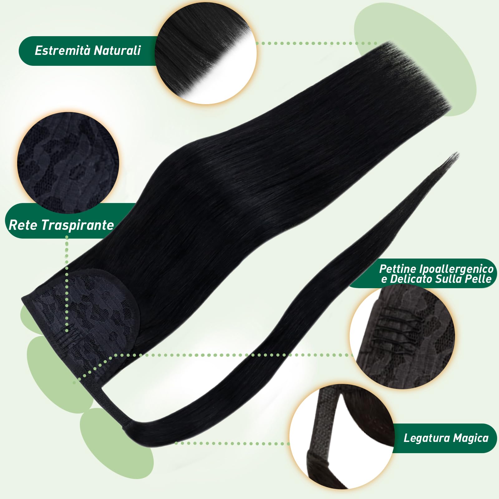 Easyouth Coda di Cavallo Capelli Veri Naturali Coda Cavallo dei Veri Capelli Ponytail Colore Nero Naturale Coda Capelli Extension Veri Nero 80g 50cm #1