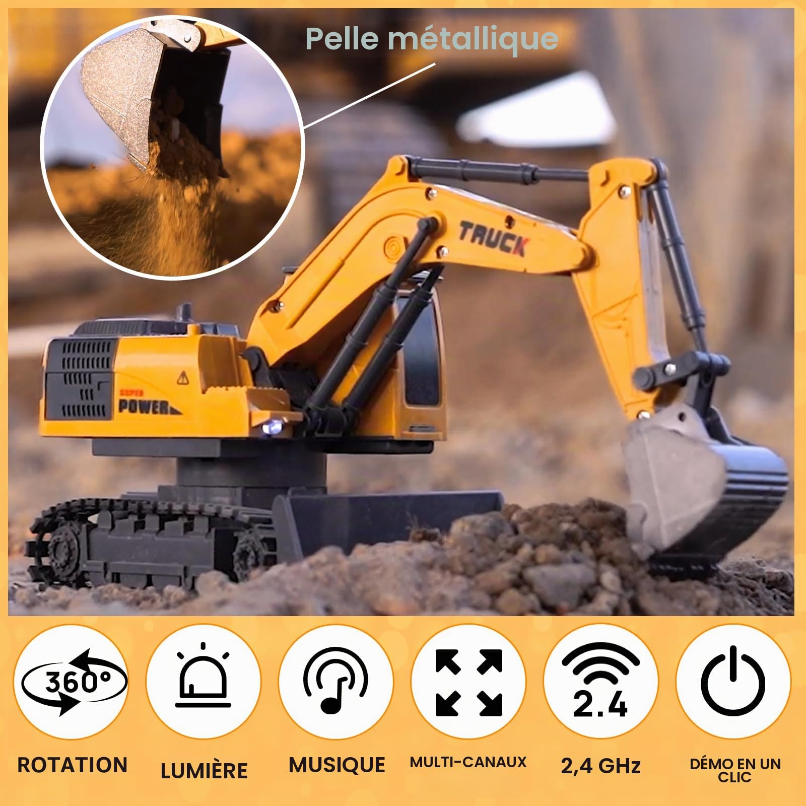 Jouets d'excavatrice télécommandée pour garçons, tracteur pelleteuse RC 2 en 1 avec bulldozer, véhicules de construction 2,4 GHz avec lumière et musique pour garçons de 3, 4, 5, 6, 7, 8 à