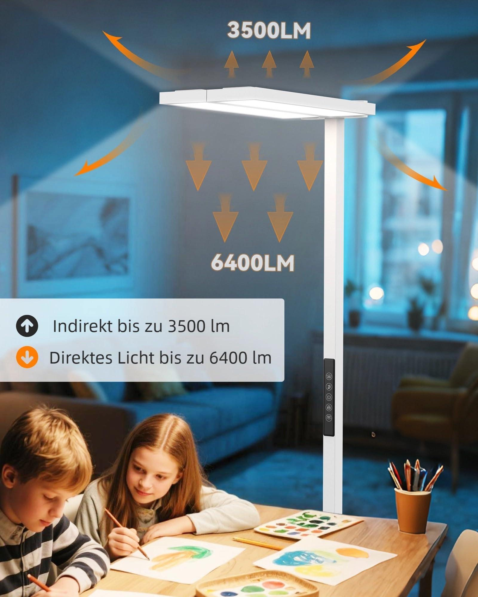 SOLLA Augenpflege Einstellbarer Kopf LED Stehlampe Büro Tageslicht, Bürolampe Stehlampe Uplight und Downlight, 80W+40W-UGR≤16,Geeignet fürBüros, Bibliotheken, Kinderzimmer, Konferenzräume-Weiß