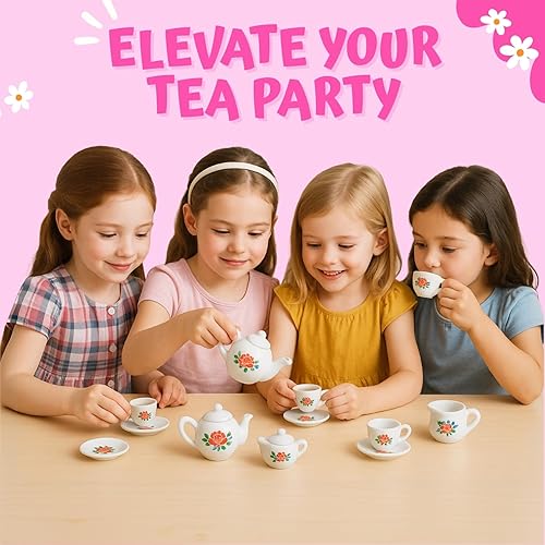 Miniatura 4 de Juego de té de cerámica de porcelana en miniatura floral de 17 piezas, juego de simulación para niños, juego de cocina pequeño, muñeca divertida