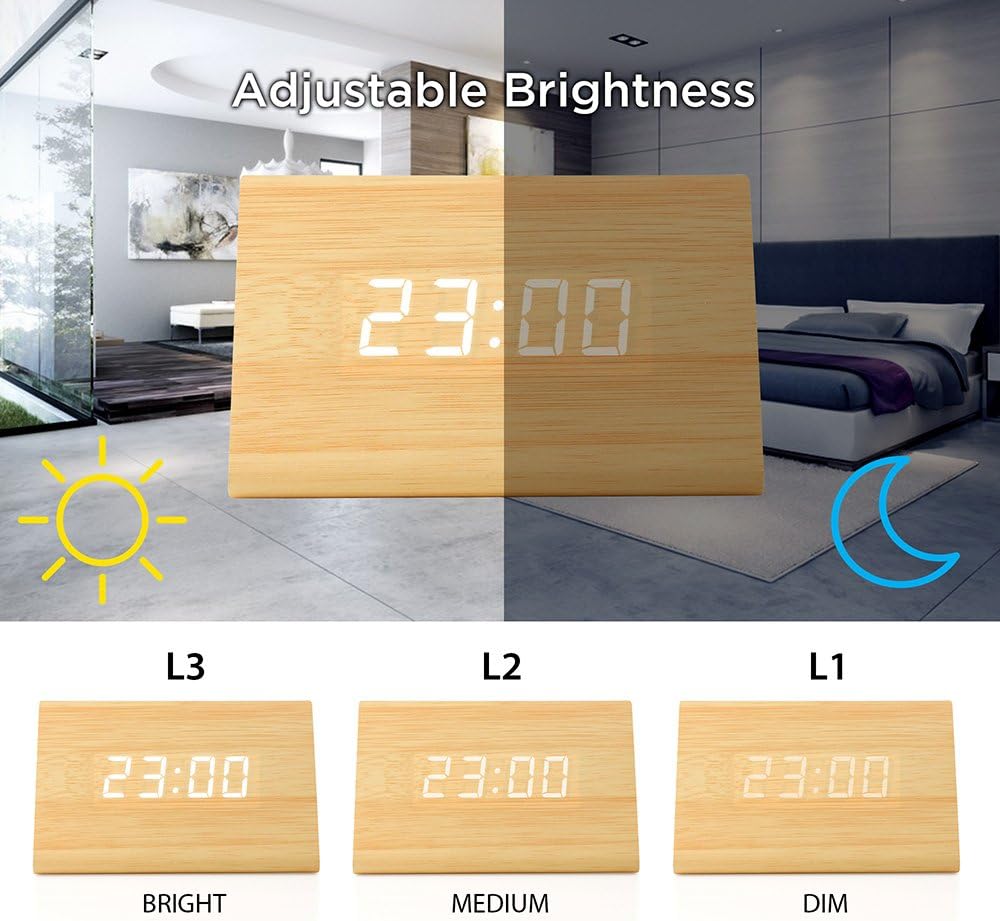 OCT17 Wooden Wood Clock, New Version LED Alarm Digital Desk Clock Adjustable Brightness, Alarm Time, Displays Time Date Temperature - Bamboo