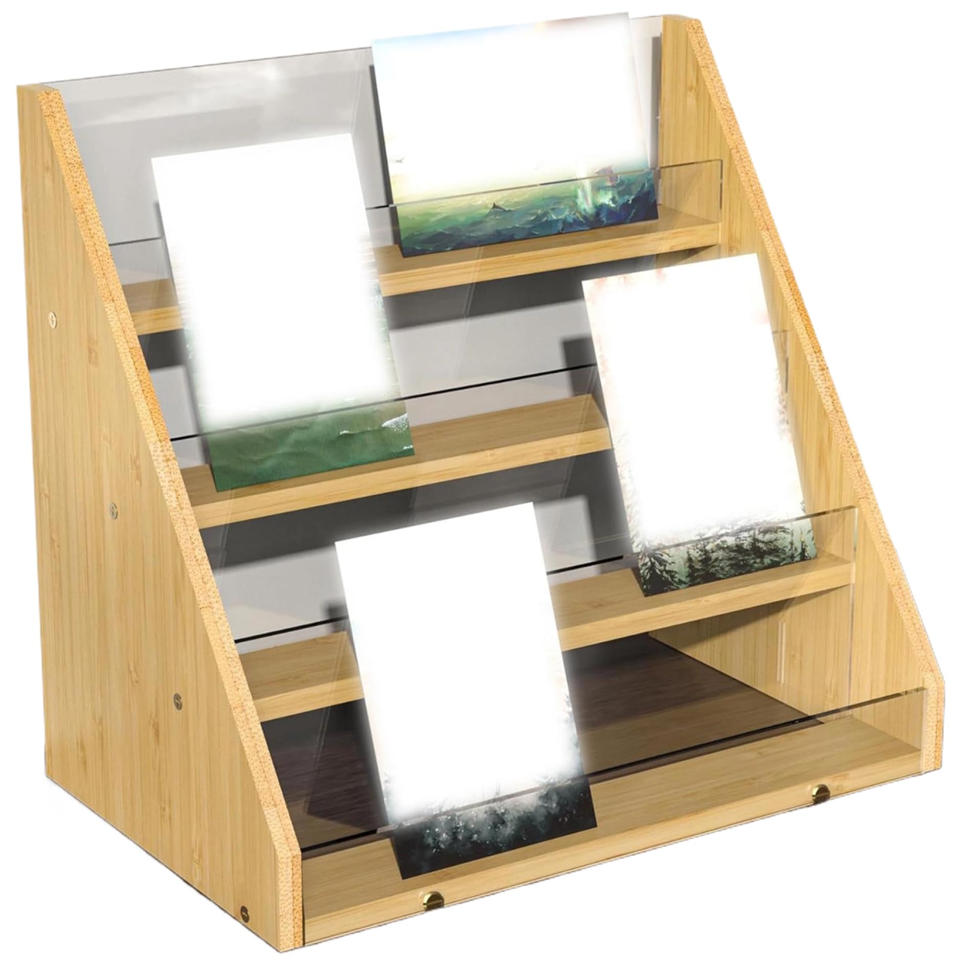 Stand d'affichage de la carte de voeux, support de cartes de voeux stand à 4 niveaux Natural Bamboo Greeting Carte Organisateur Multi-Purpose Greeting Carte Holder pour carte postale, photo, autocoll