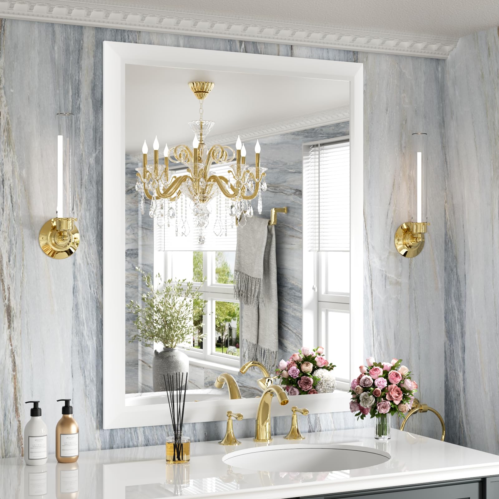 Amorho White Framed Bathroom Mirror