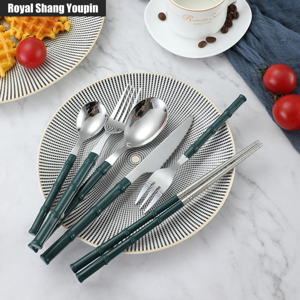 Featured Handle Kitchen Stainless Steel Silverware Tableware Flatware Cutlery Set Home Steak Knives Forks Spoons Dessert Spoon Chopsticks (Gold Yellow,6 pieces)