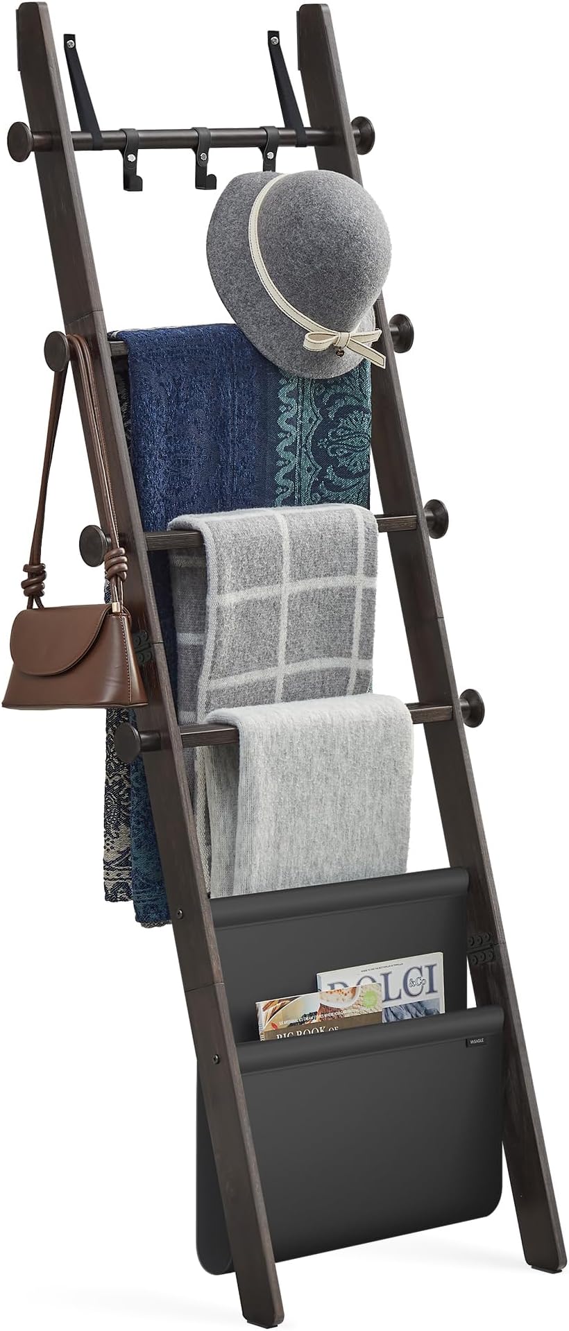 VASAGLE Blanket Ladder for Living Room, 5-Tier Wooden Ladder Shelf, Decorative Farmhouse Blanket Rack with Synthetic Leather Bag, Metal Hooks, Side Hooks, for Bedroom, Ink Black ULLS022B01