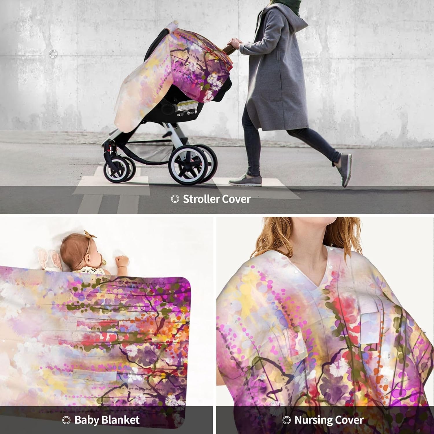 Watercolor Painting. Spring Purple Flowers Wisteria Baby Car Seat Cover & Breastfeeding Nursing Cover - Breathable Stretch Fabric Multi-Use