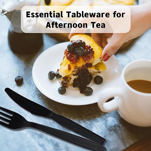 Miniatura 5 de LIOUCBD - Juego de 200 cubiertos de plástico resistentes, desechables, 100 tenedores y 100 cuchillos, utensilios de cocina negros para bodas,