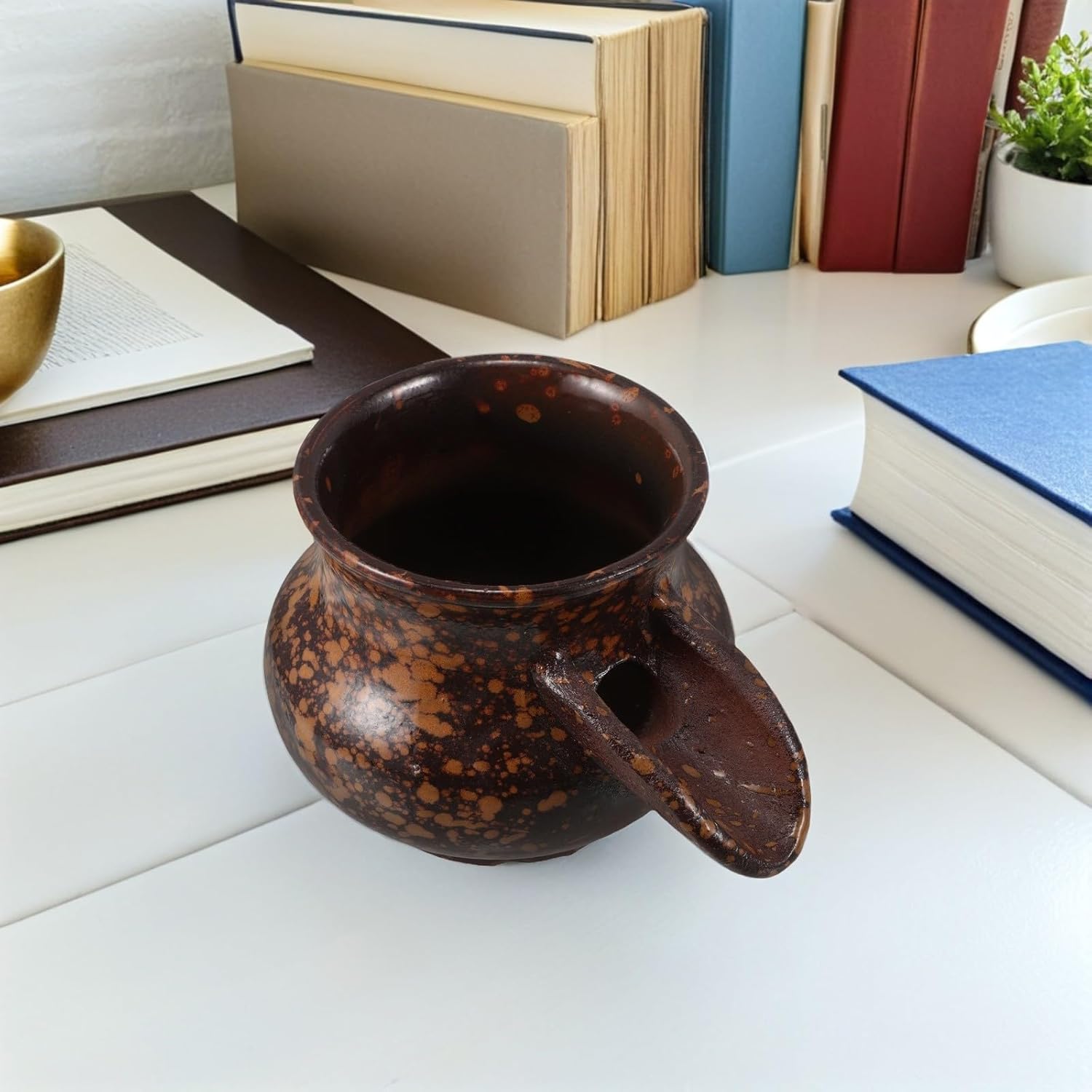 Veemoon Ceramic Jar Tabletop Water Fountain for Garden and Patio, Vintage Handmade Brown Ceramic Fountain with Spout, Indoor Outdoor Fish Tank Water Dispenser and Landscape Decor