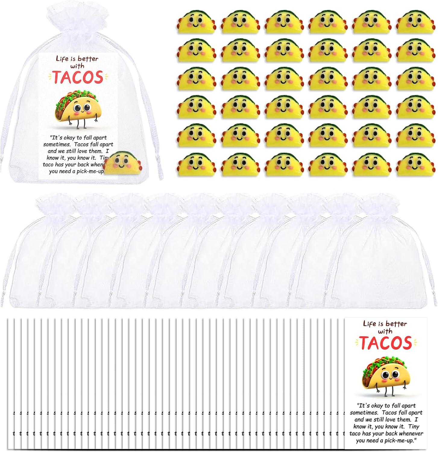 Bulk Encouragement Appreciation Gifts for Taco Lovers, Students, Employees, Coworkers, Teachers, Therapy Clients Mini Taco Figurines with Inspirational Cards Small Pocket-Sized Comfort Tokens 50 Set