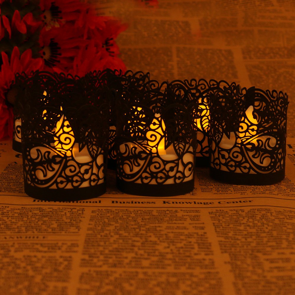 Mishen 50 PCS Flameless Tea Light laser cut decorative wraps Candles Holders for Flickering LED Battery Tealight Candles Elec Candle (Black)