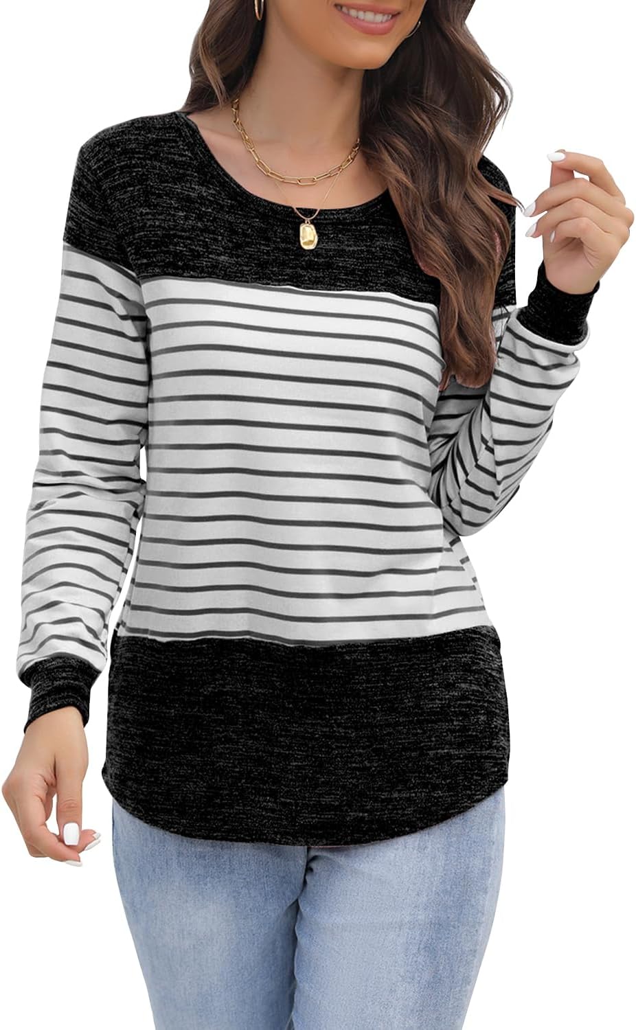 Women Long Sleeve Round Neck Blouse Color Block Striped Casual Tops T Shirt