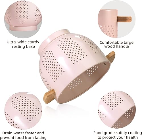 Miniatura 5 de Colador de metal con mango de madera y base estable, cesta coladora de cocina de acero con recubrimiento en polvo para escurrir pasta, verduras y